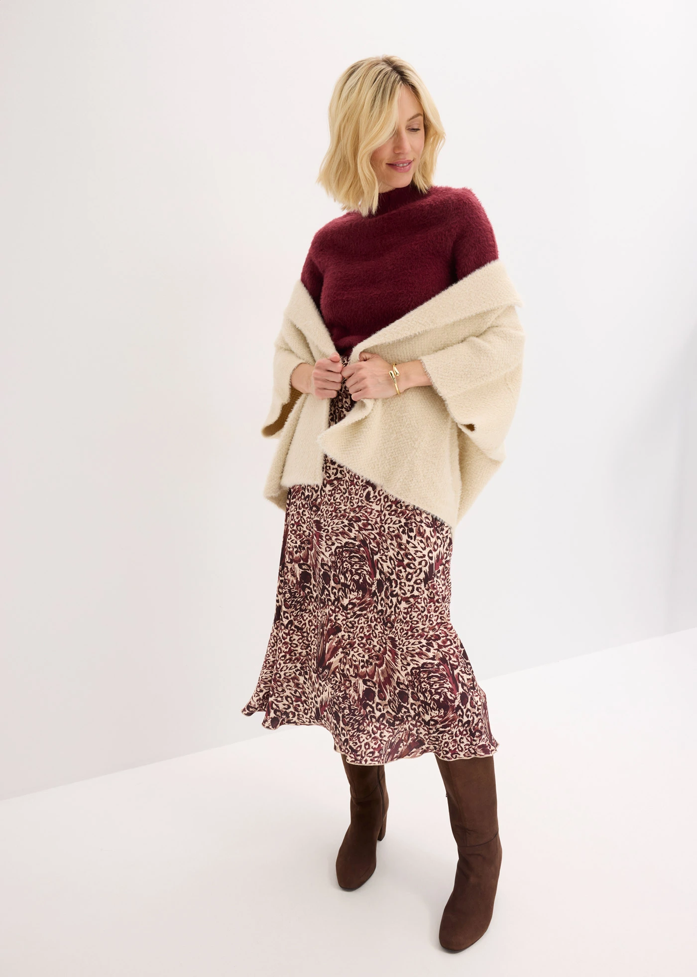 Saténová sukně se strukturou • béžovo-vínovo-tmavě hnědá s leopardím potiskem • bonprix obchod