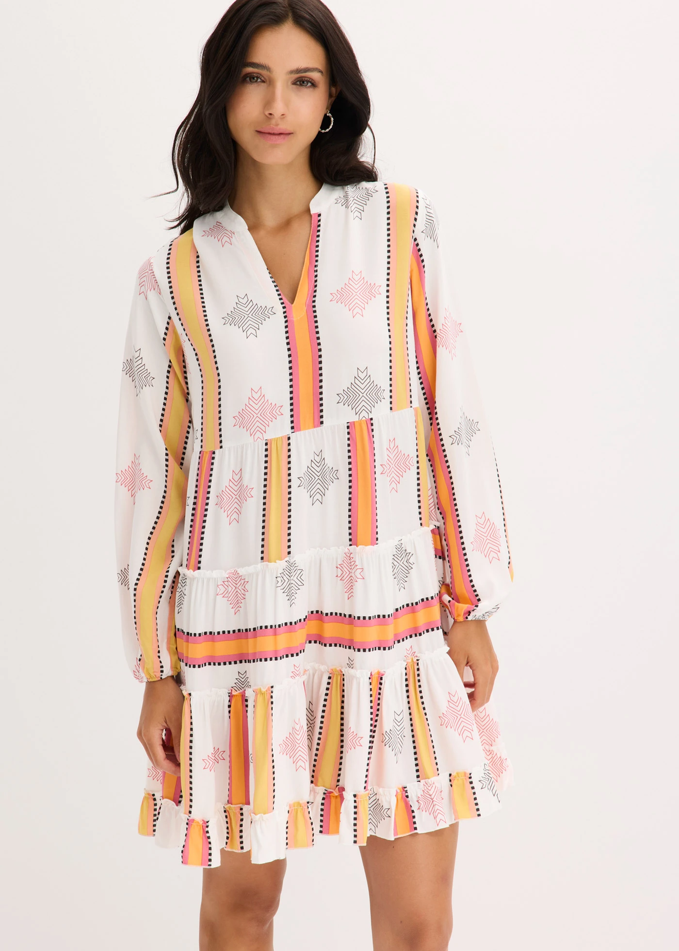 Tunikové šaty ze splývavé viskózy • přírodní bílo-oranžová s potiskem • bonprix obchod