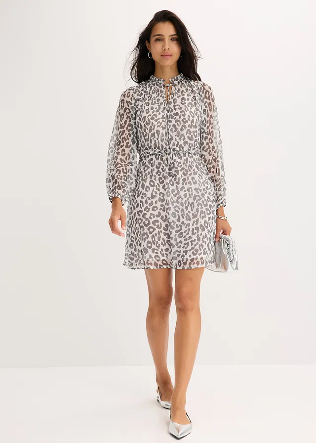 Robe en mousseline, Couleur: écru/anthracite léopard