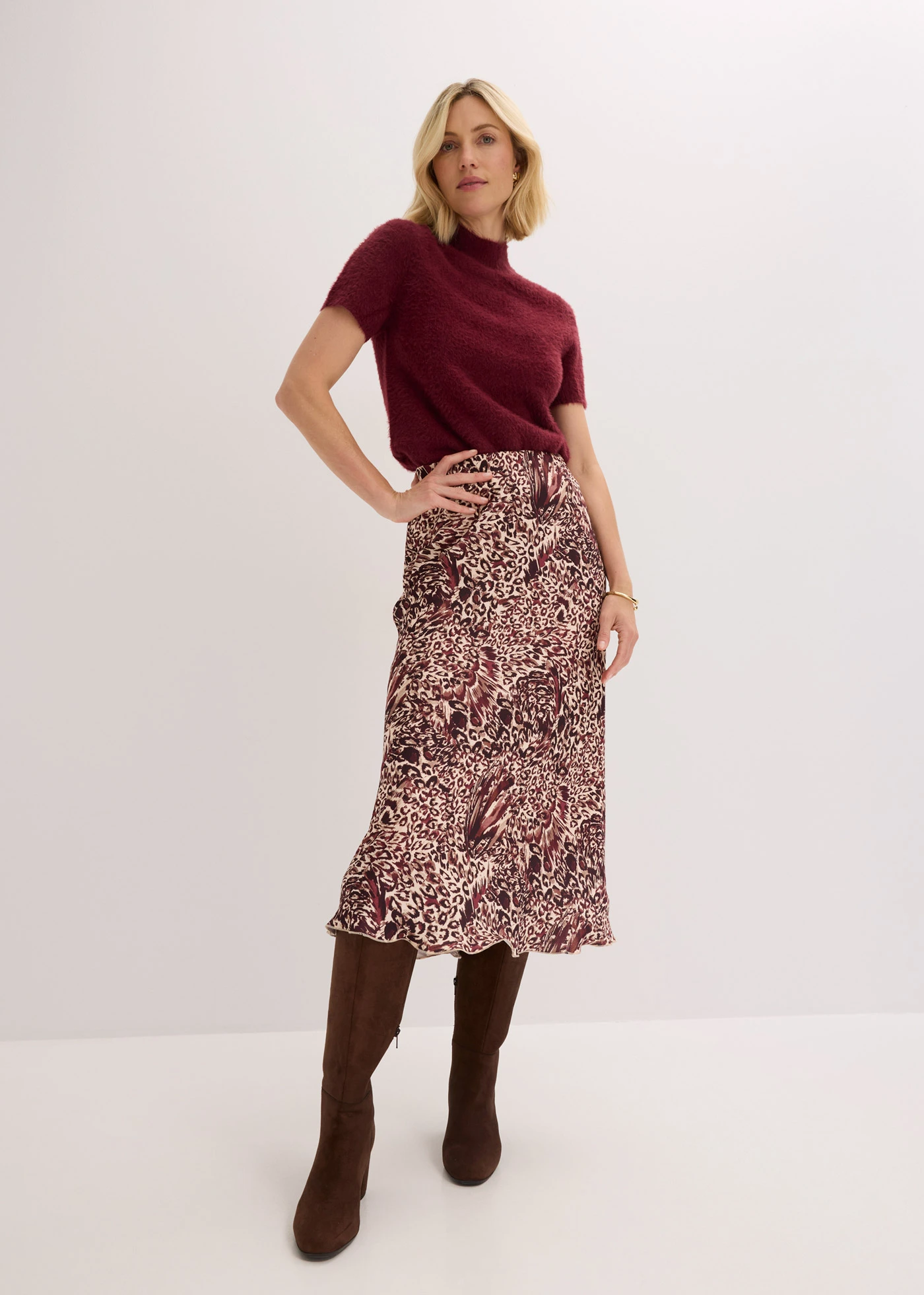 Saténová sukně se strukturou • béžovo-vínovo-tmavě hnědá s leopardím potiskem • bonprix obchod