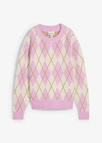 Fijngebreide trui met een ruitmotief, Kleur: wolwit-soft lila-mat olijfgroen geruit
