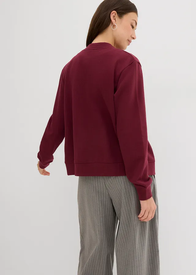 Sweat bomber met een knoopsluiting, Kleur: esdoornrood