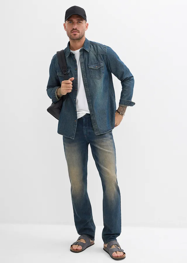 Džínsová košeľa, dlhý rukáv, z čistej bio bavlny modrá dirty denim used