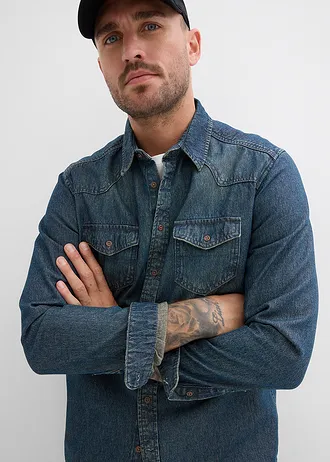 Džínsová košeľa, dlhý rukáv, z čistej bio bavlny • modrá dirty denim used • obchod bonprix