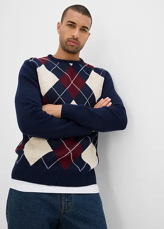 Trui met Argylepatroon van puur katoen, Kleur: donkerblauw-ecru gemêleerd-donkerbessen-wolwit
