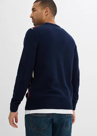 Trui met Argylepatroon van puur katoen, Kleur: donkerblauw-ecru gemêleerd-donkerbessen-wolwit