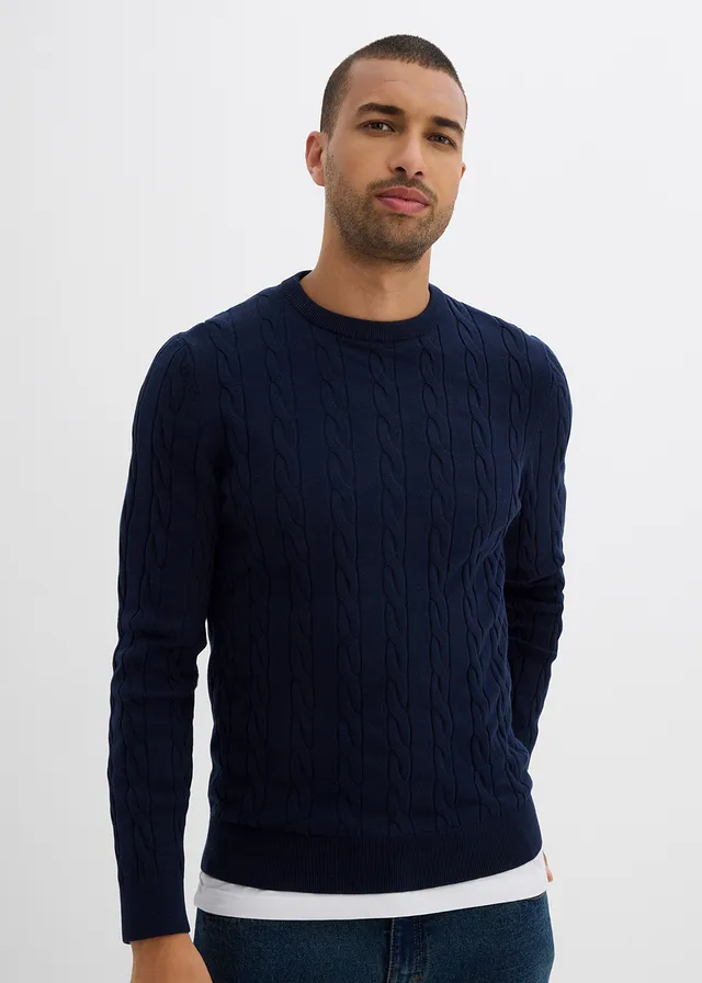 Pull doux à torsades en fine maille de coton majoritaire, slim