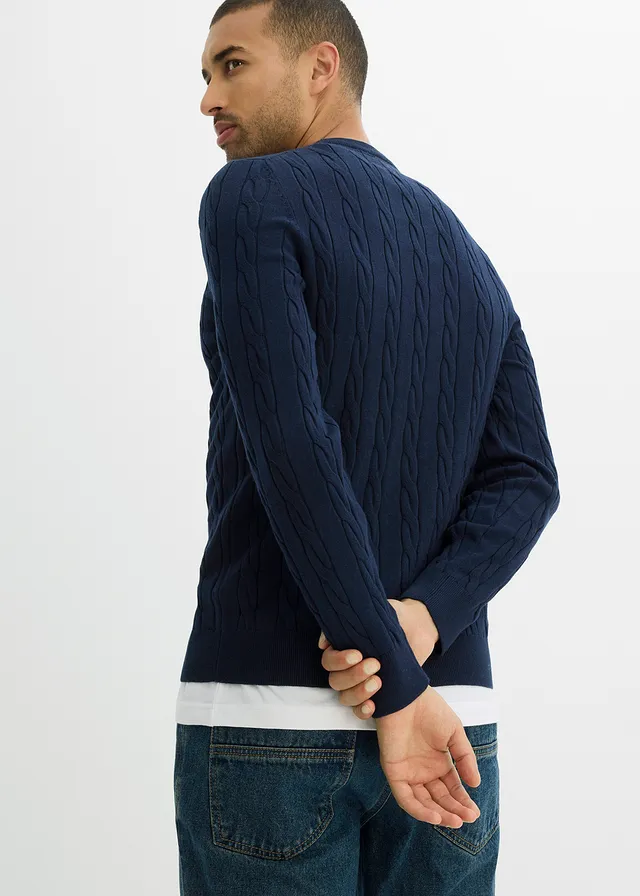 Pull doux à torsades en fine maille de coton majoritaire, slim • bleu foncé • product-page.page-title-suffix