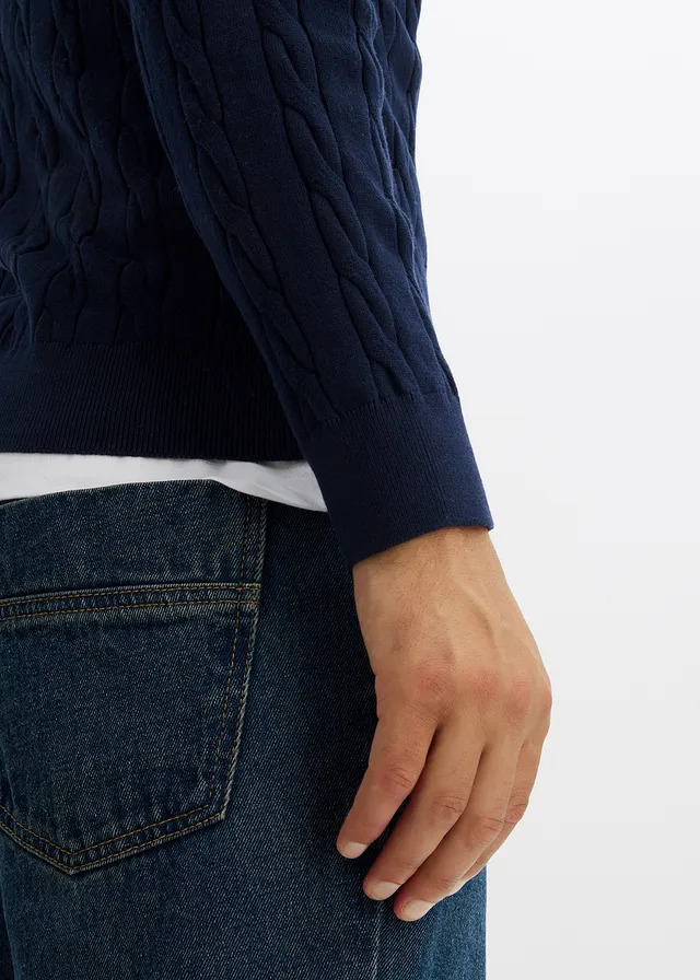 Pull doux à torsades en fine maille de coton majoritaire, slim • bleu foncé • product-page.page-title-suffix