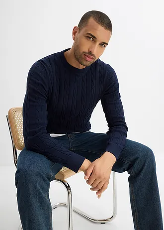 Svetr z jemné pleteniny z měkké bavlněné směsi, s copánkovým vzorem, Slim Fit • tmavě modrá • bonprix obchod