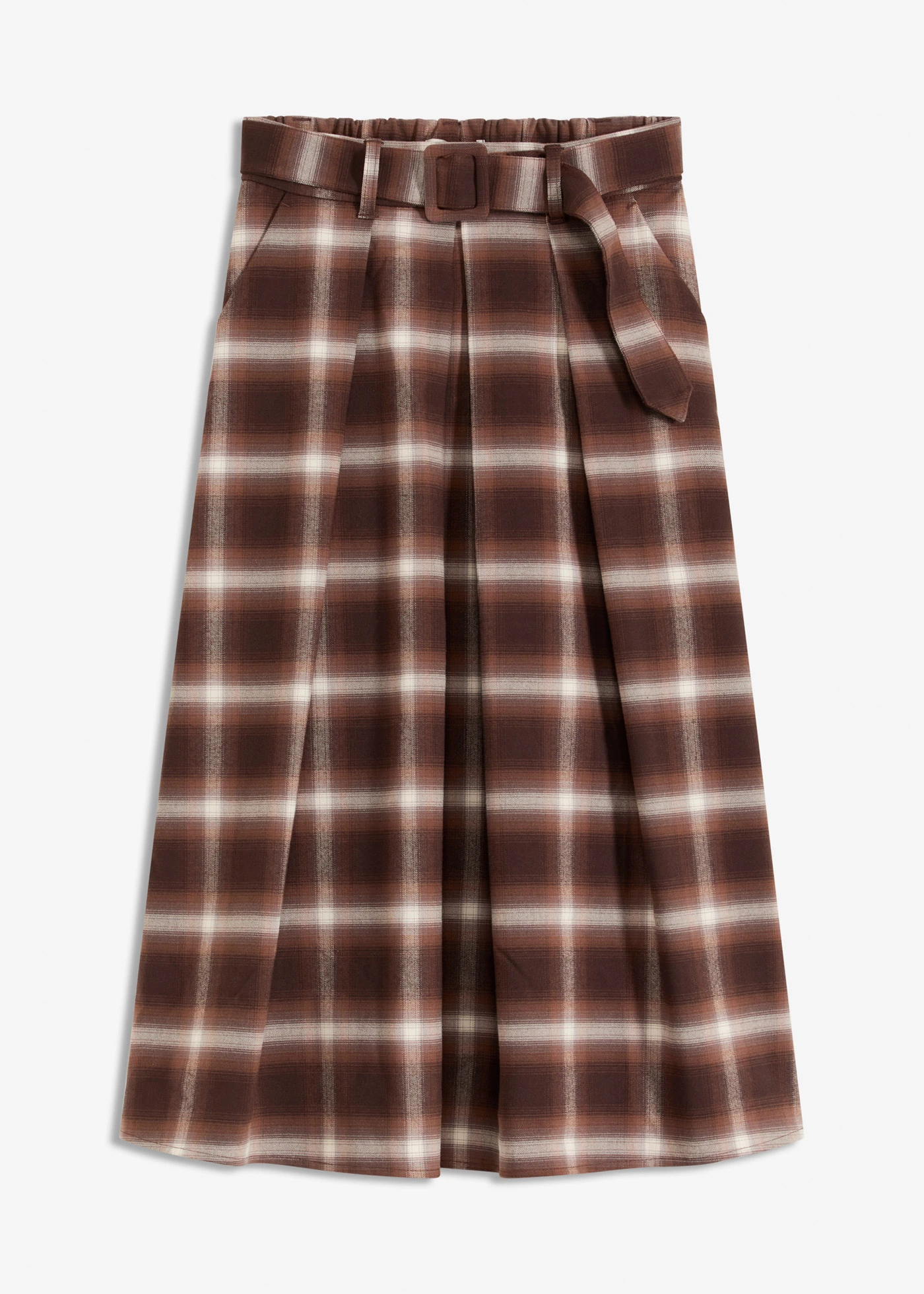 Kostkovaná skládaná sukně a pásek (2dílná souprava) • tmavě hnědo-světle hnědo-středně hnědo-slonovinová kostka plus size • bonprix obchod