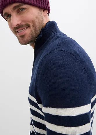 Troyer pulóver puha pamut-keverékből • sötétkék / gyapjúfehér keresztben csíkos • bonprix áruház