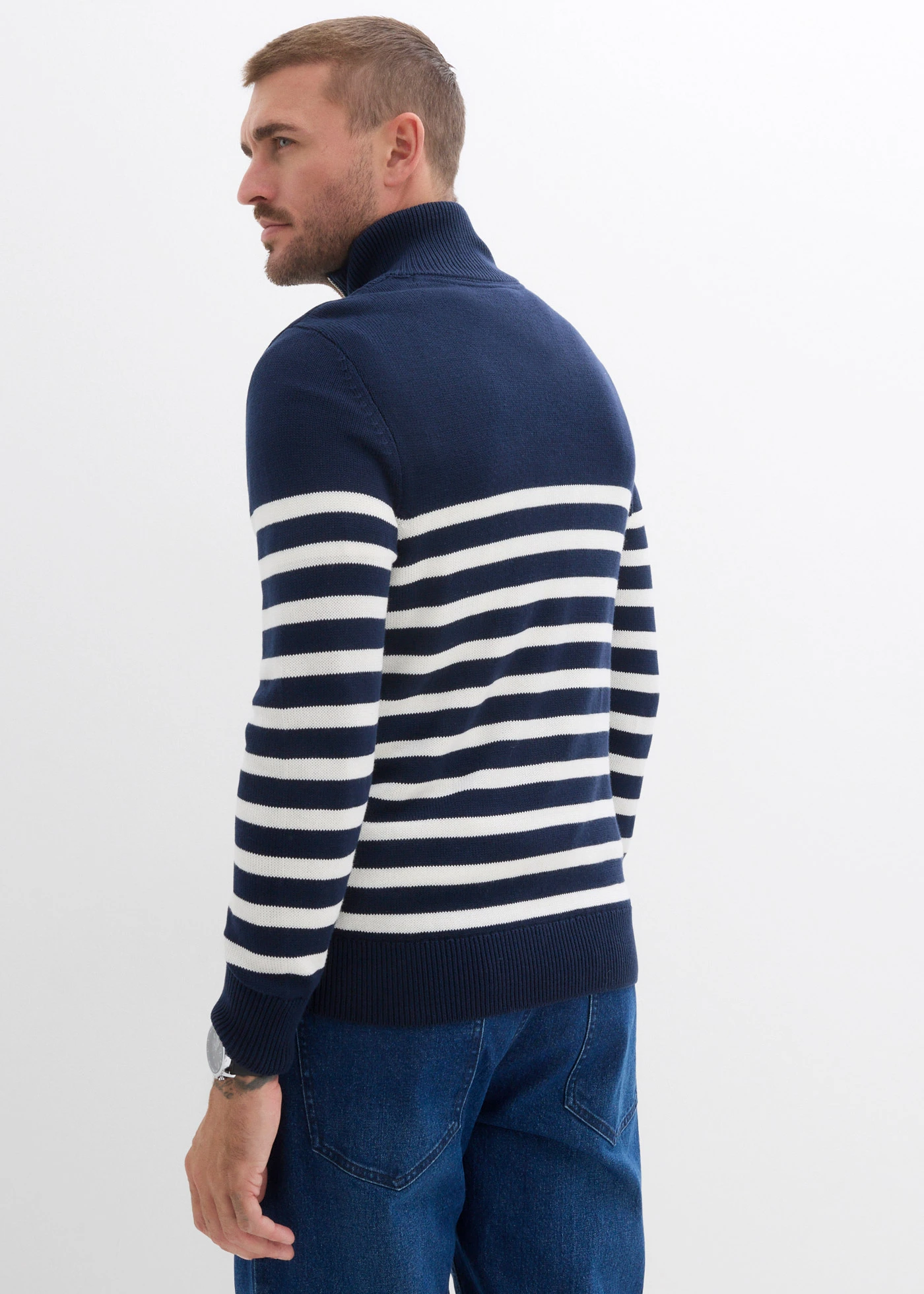 Pulover troyer din material moale cu bumbac • bleumarin/ecru cu dungi orizontale • magazin bonprix