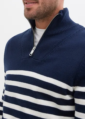 Pulover troyer din material moale cu bumbac • bleumarin/ecru cu dungi orizontale • magazin bonprix