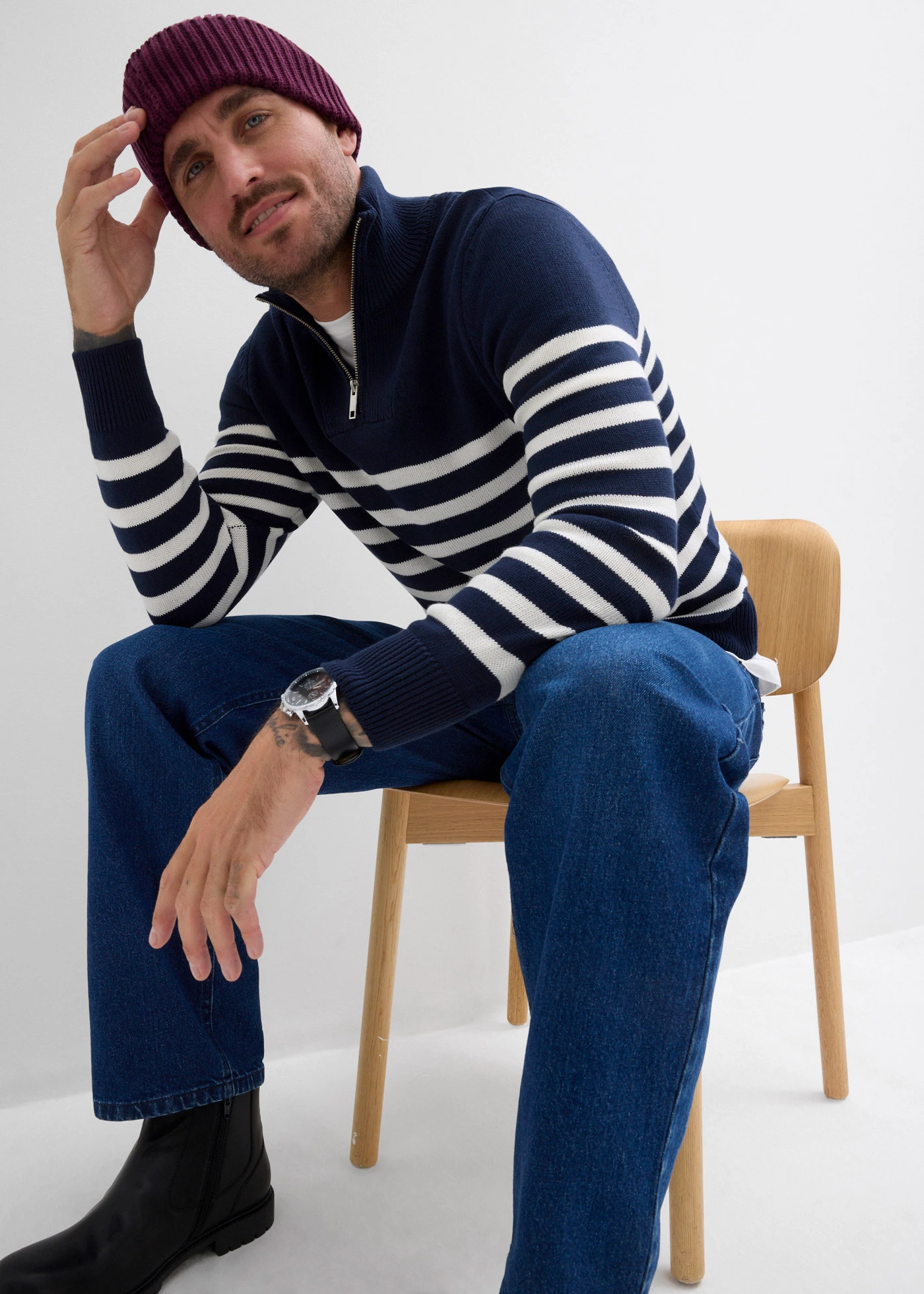 Pull camionneur doux en coton mélangé • bleu foncé-écru rayé • Boutique bonprix