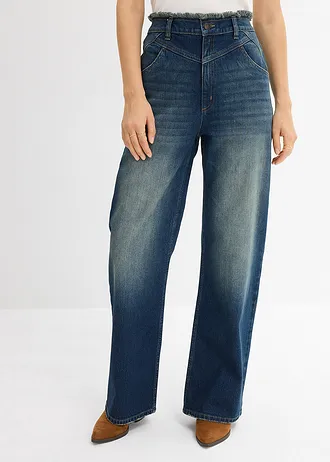 Straight jeans, high waist, Kleur: donkerblauw denim used