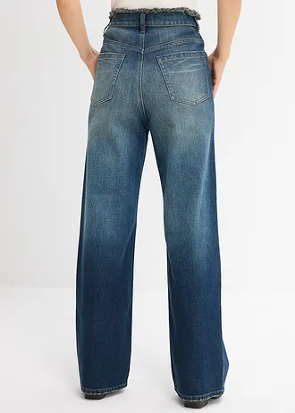 Jean droit, taille haute, Couleur: denim bleu foncé used