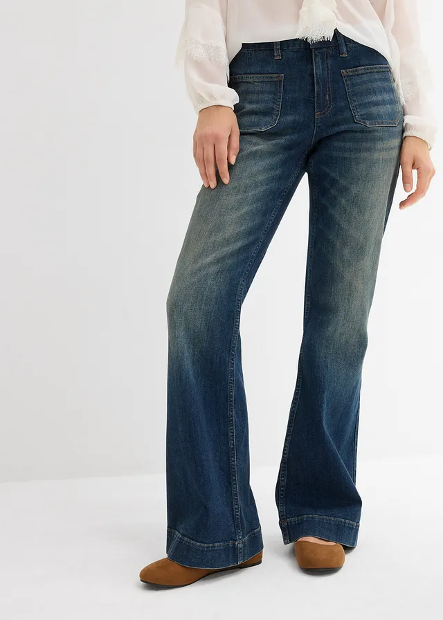 Flared jeans, mid waist, Kleur: donkerblauw denim