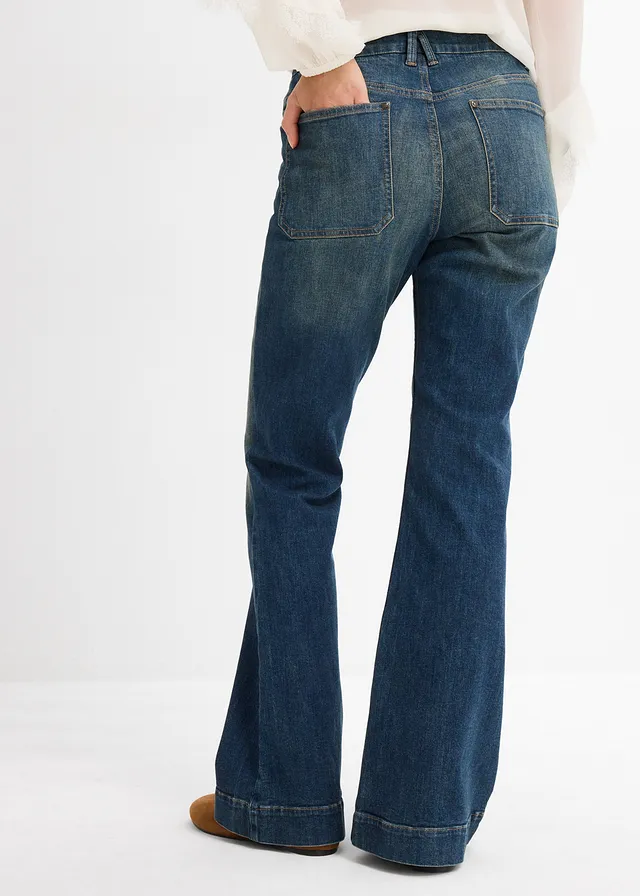 Flared jeans, mid waist, Kleur: donkerblauw denim