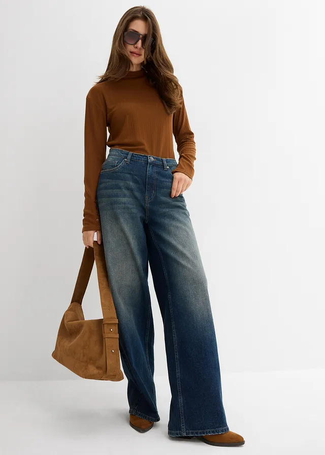 Jean large taille haute, Couleur: bleu foncé denim
