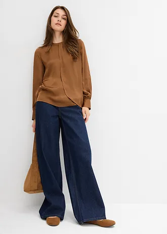 Blouse van elegant satijn, Kleur: kruidenbruin