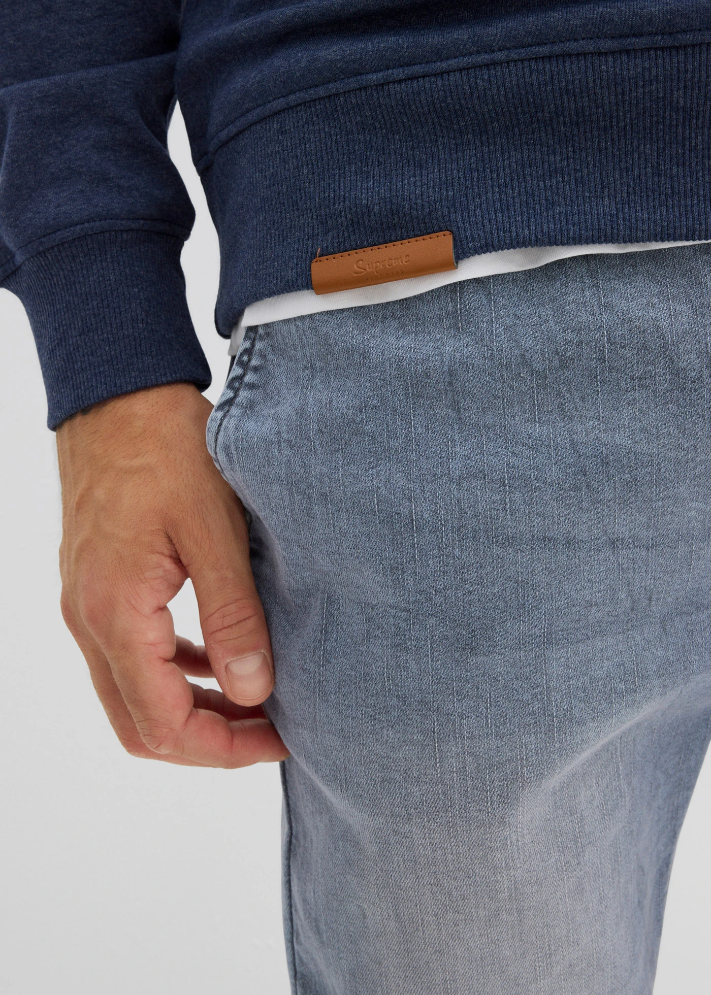 Mikina s šálovým límcem a s detaily z imitace kůže • tmavě modrý melír • bonprix obchod