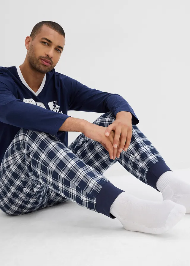 Pyjama met lange mouwen in een katoenmix • donkerblauw/wit • bonprix online shop