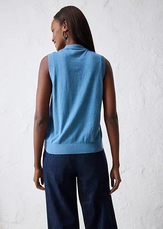 Fijn gebreide top met zijde en polokraag, Kleur: golfblauw