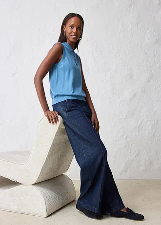 Fijn gebreide top met zijde en polokraag, Kleur: golfblauw