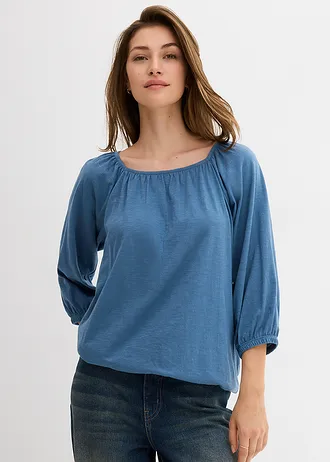 Blouse en jersey de coton à encolure carrée • bleu/gris • Boutique bonprix