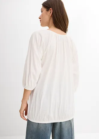Katoenen shirtblouse met carréhals, halflange mouw, Kleur: wolwit