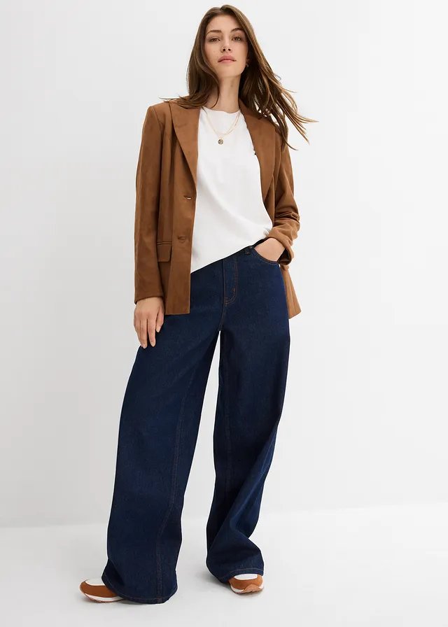 Jean large taille haute, Couleur: bleu foncé denim brut