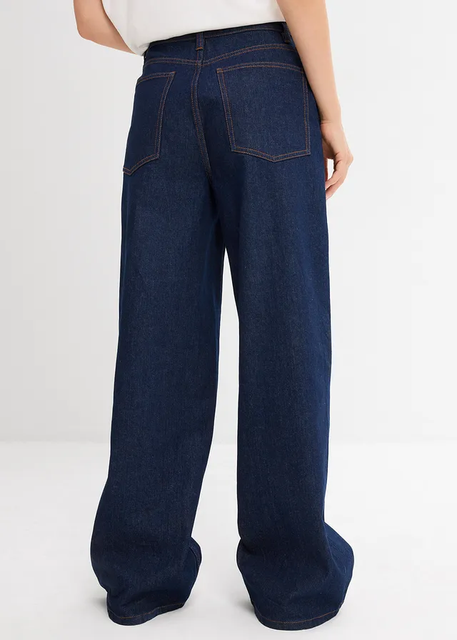 Jean large taille haute, Couleur: bleu foncé denim brut