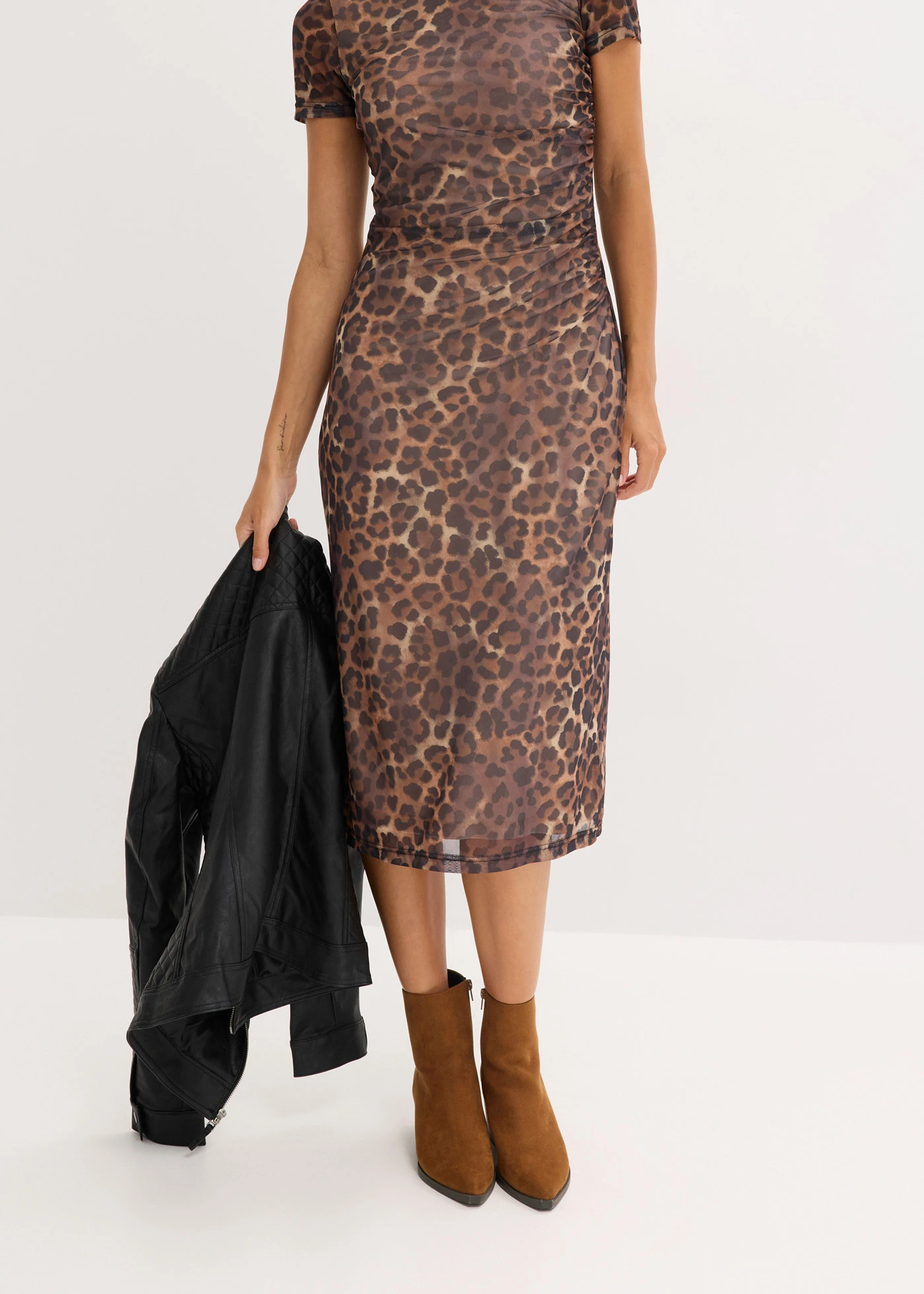 Rochie midi din mesh soft • imprimat leo bej • magazin bonprix