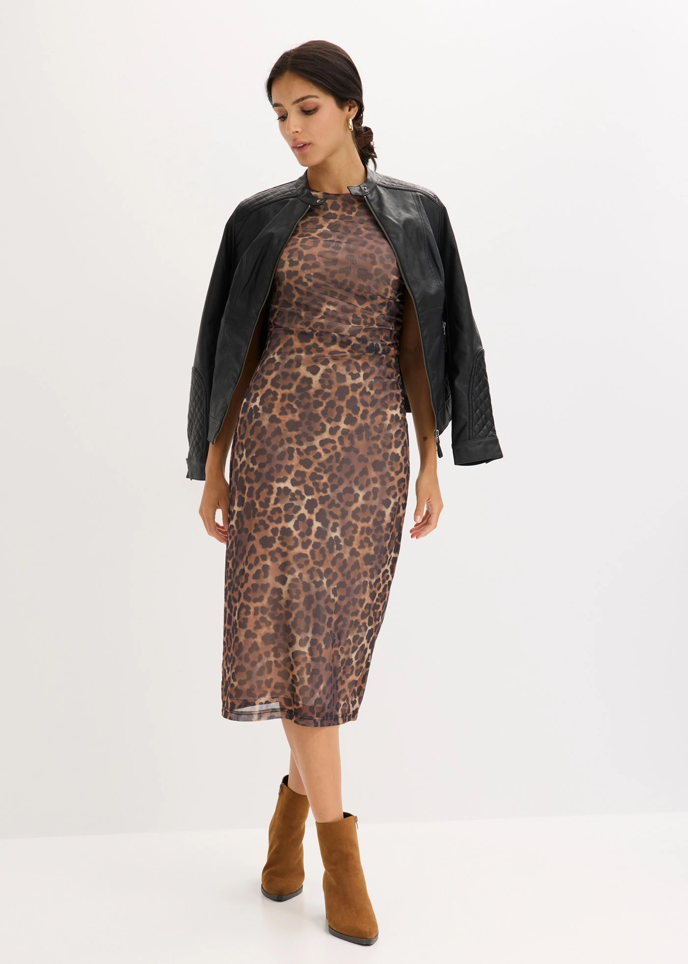 Midi jurk van zachte mesh • beige luipaardprint • bonprix online shop