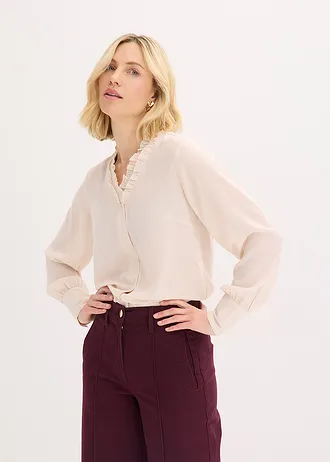 Chiffon blouse met ruches, Kleur: beige