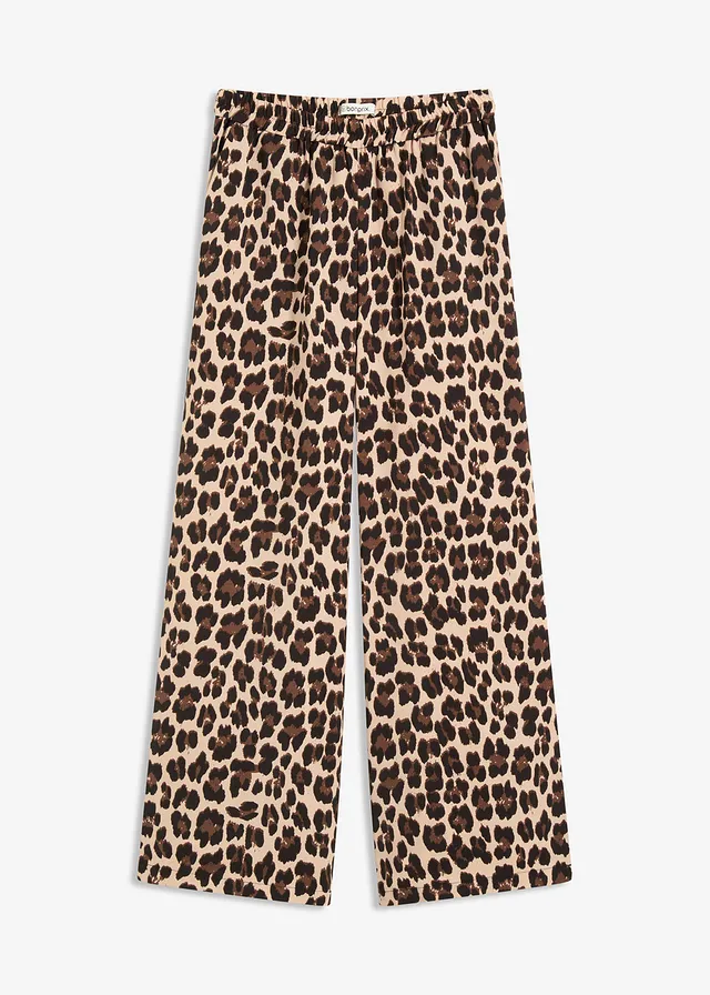 Pantalon palazzo en satin fluide, Couleur: marron léopard