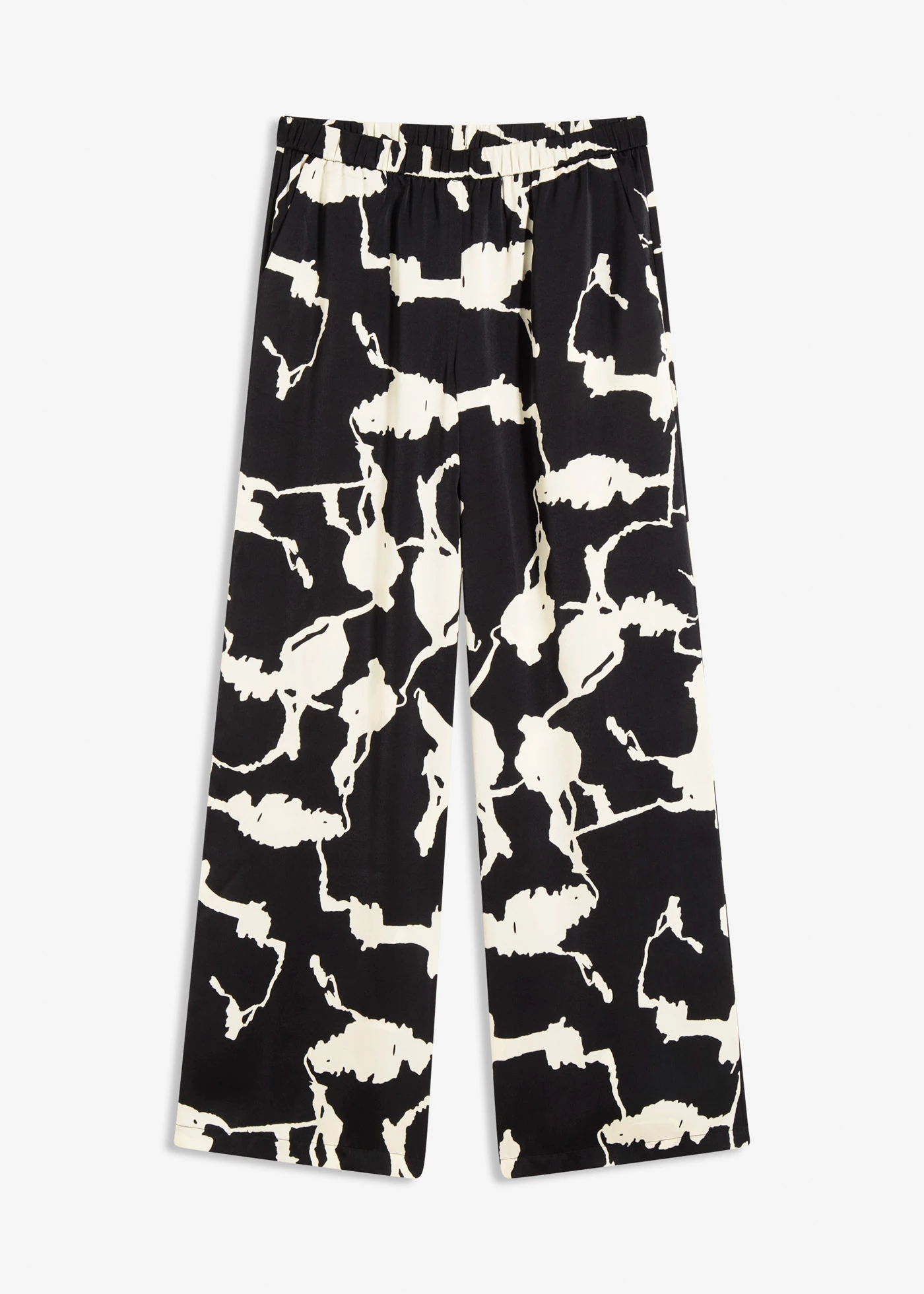 Kalhoty Palazzo se splývavého saténu • černo-bílá s potiskem • bonprix obchod