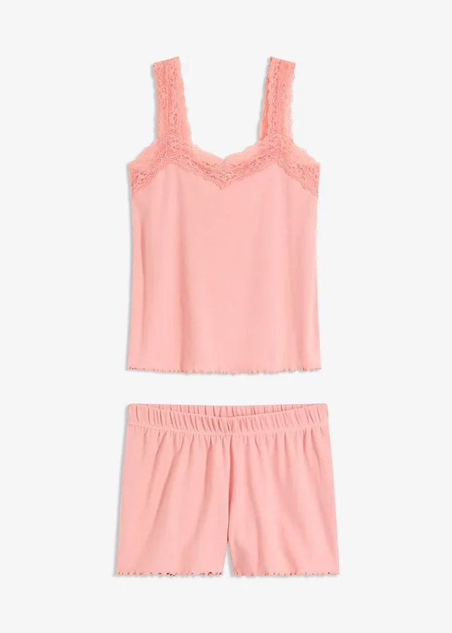 Pijama scurtă cu garnitură delicată din dantelă