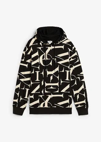 Sweat à capuche 100% coton, coupe loose • noir-sable clair imprimé • Boutique bonprix