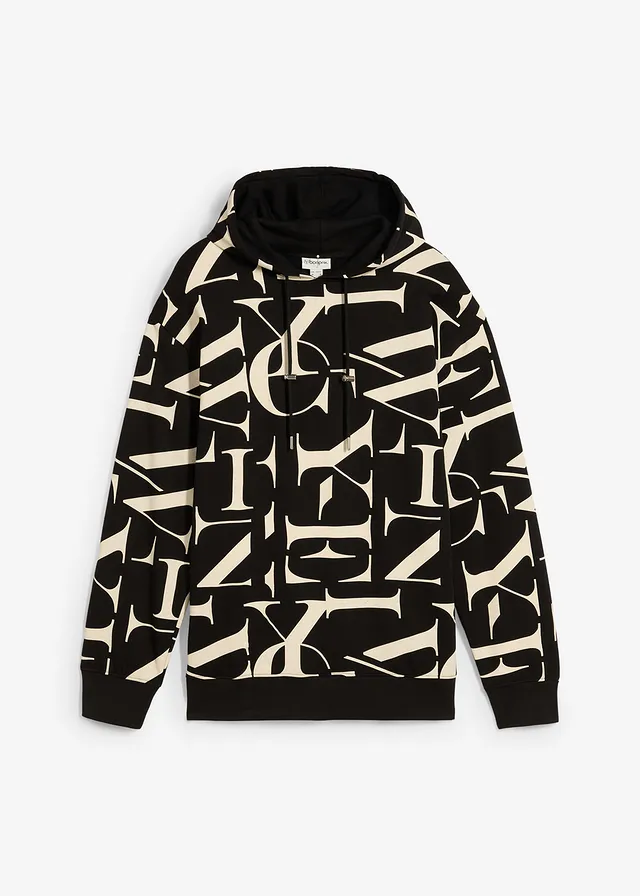 Sweat à capuche 100% coton, coupe loose • noir-sable clair imprimé • Boutique bonprix