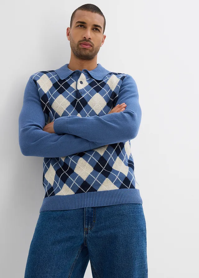 Polo-trui met Argylepatroon van puur katoen • jeansblauw-donkerblauw-ecru gemêleerd geruit • product-page.page-title-suffix