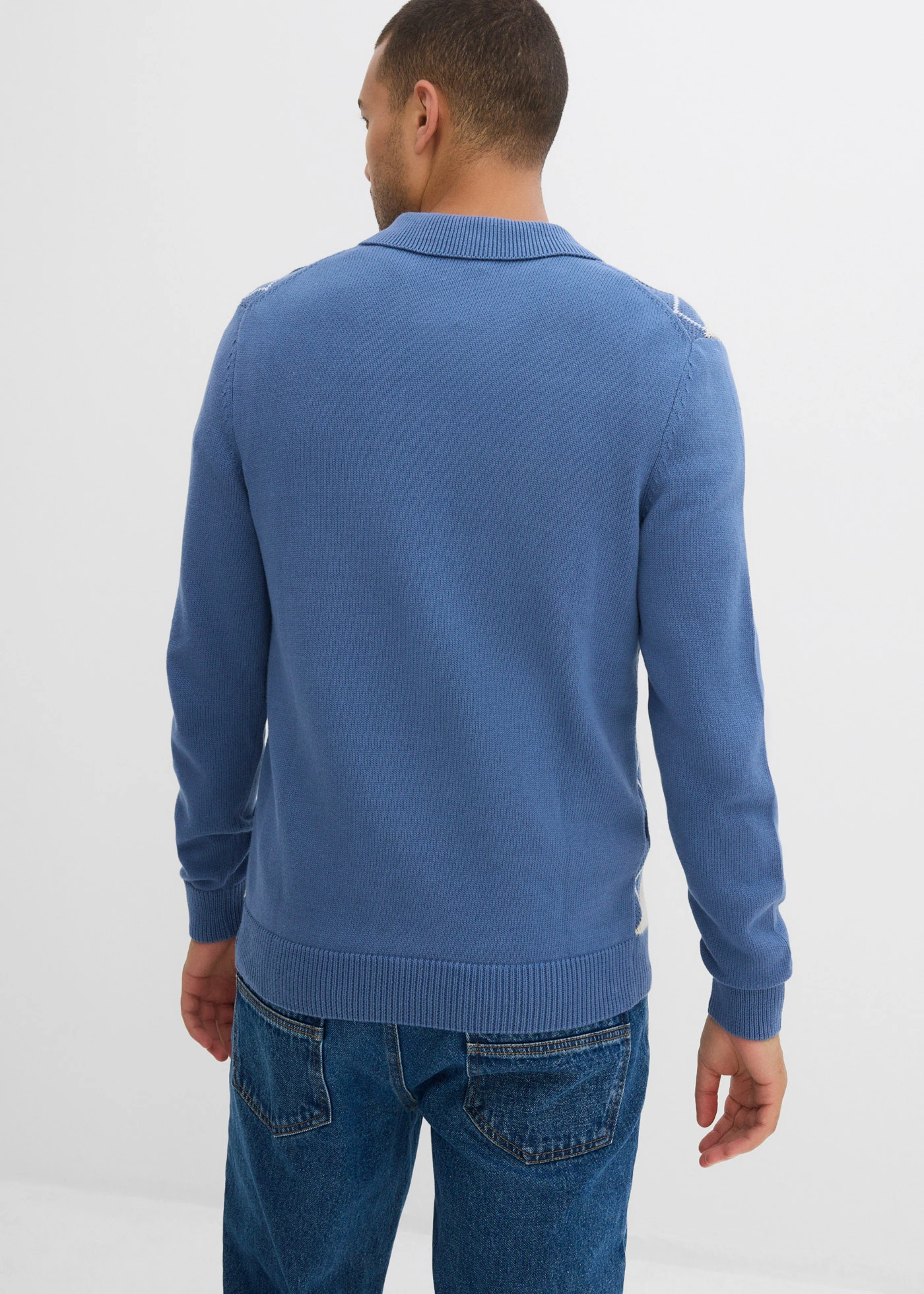 Pulover polo cu model Argyle din bumbac 100% • albastru jeans-bleumarin-bej natur melanj cadrilat • magazin bonprix