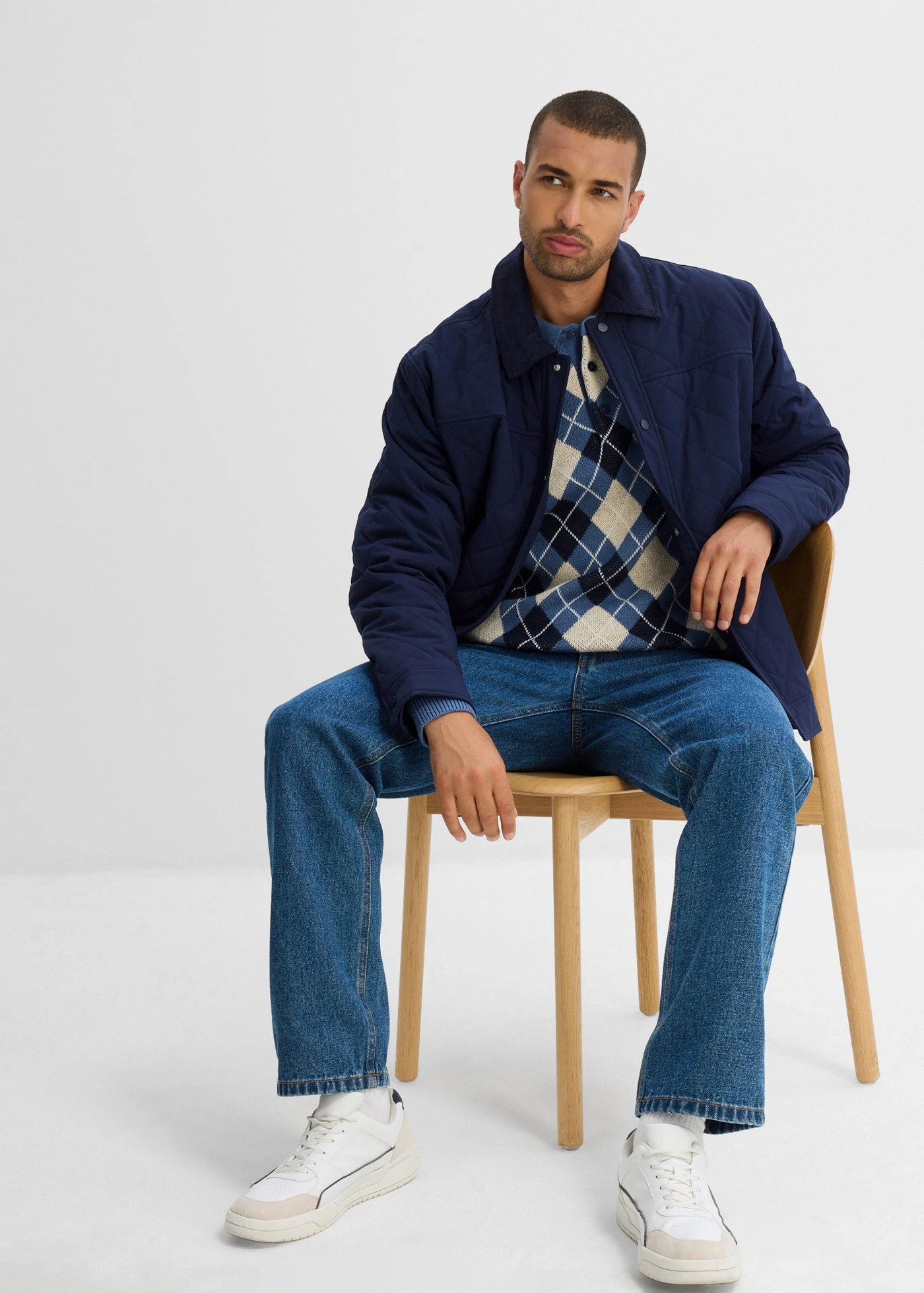 Polo-trui met Argylepatroon van puur katoen • jeansblauw-donkerblauw-ecru gemêleerd geruit • bonprix online shop