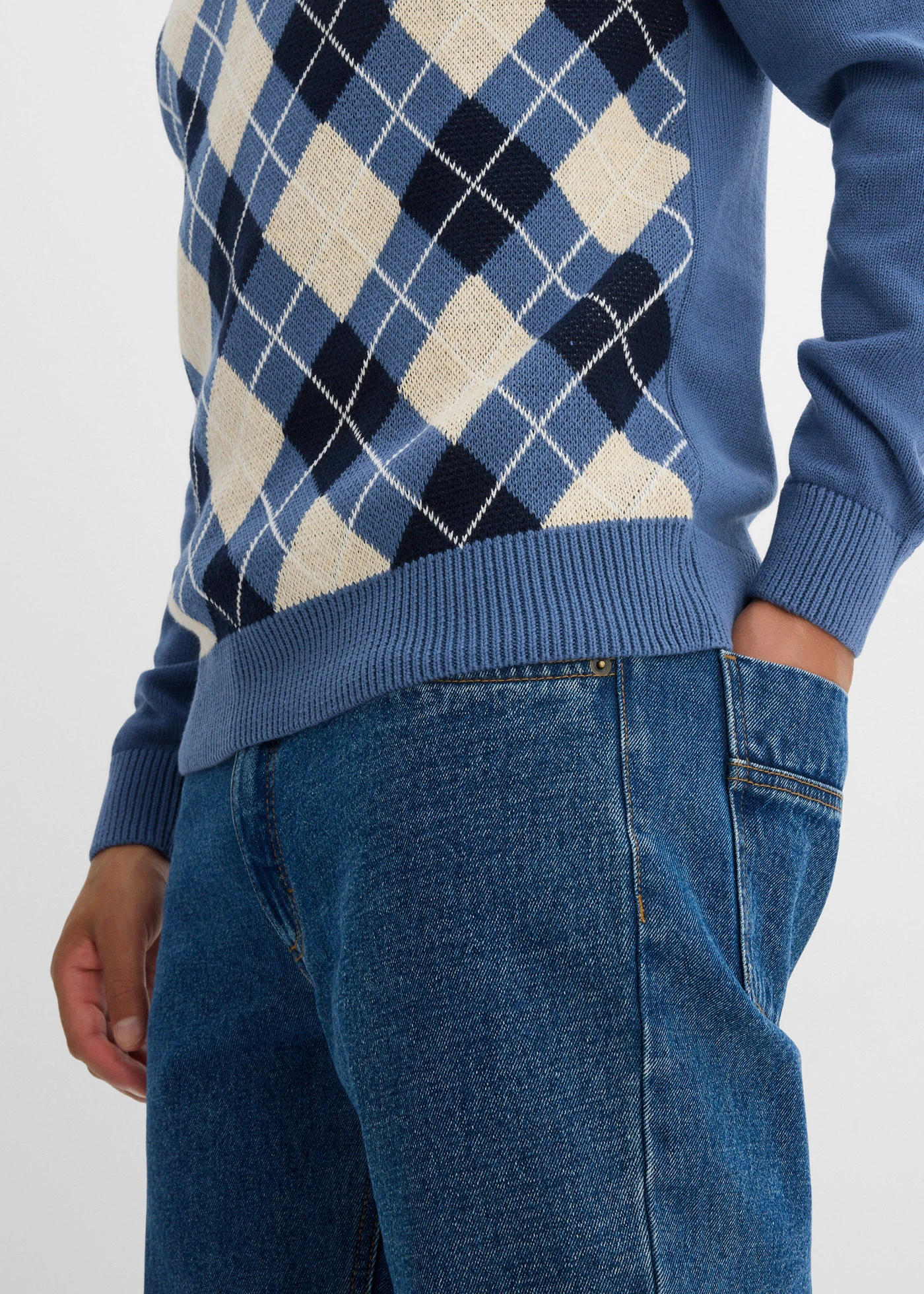 Pulover polo cu model Argyle din bumbac 100% • albastru jeans-bleumarin-bej natur melanj cadrilat • magazin bonprix