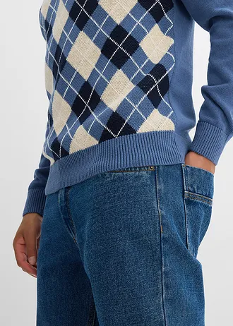 Polo-trui met Argylepatroon van puur katoen • jeansblauw-donkerblauw-ecru gemêleerd geruit • bonprix online shop