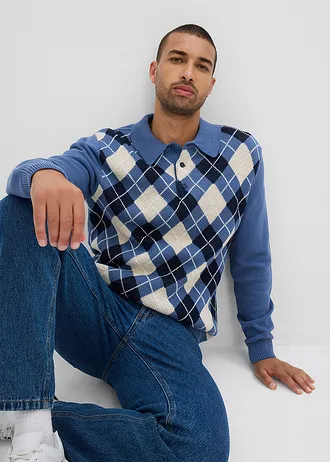 Polo-trui met Argylepatroon van puur katoen • jeansblauw-donkerblauw-ecru gemêleerd geruit • bonprix online shop