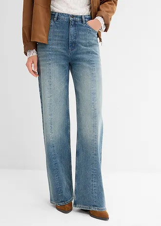 Loose Straight sztreccsfarmer, High Waist • világoskék denim, használt hatású • bonprix áruház
