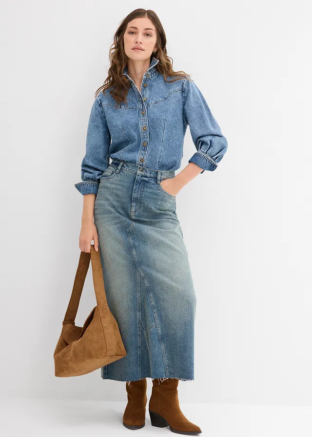 Maxi spijkerrok, mid waist, Kleur: lichtblauw denim