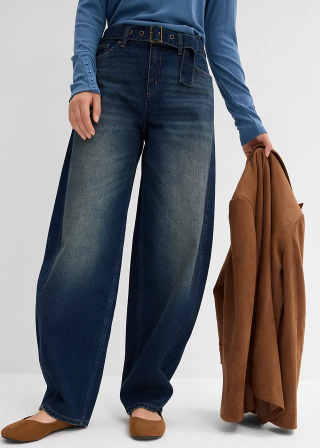 Barrel jeans mid waist met riem • donkerblauw denim used • product-page.page-title-suffix